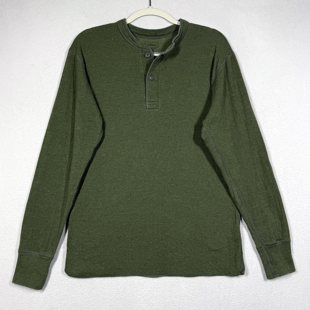 LL Bean River Driver Henley Shirt Mens Small Green Wool Blend Thermal Two Layer